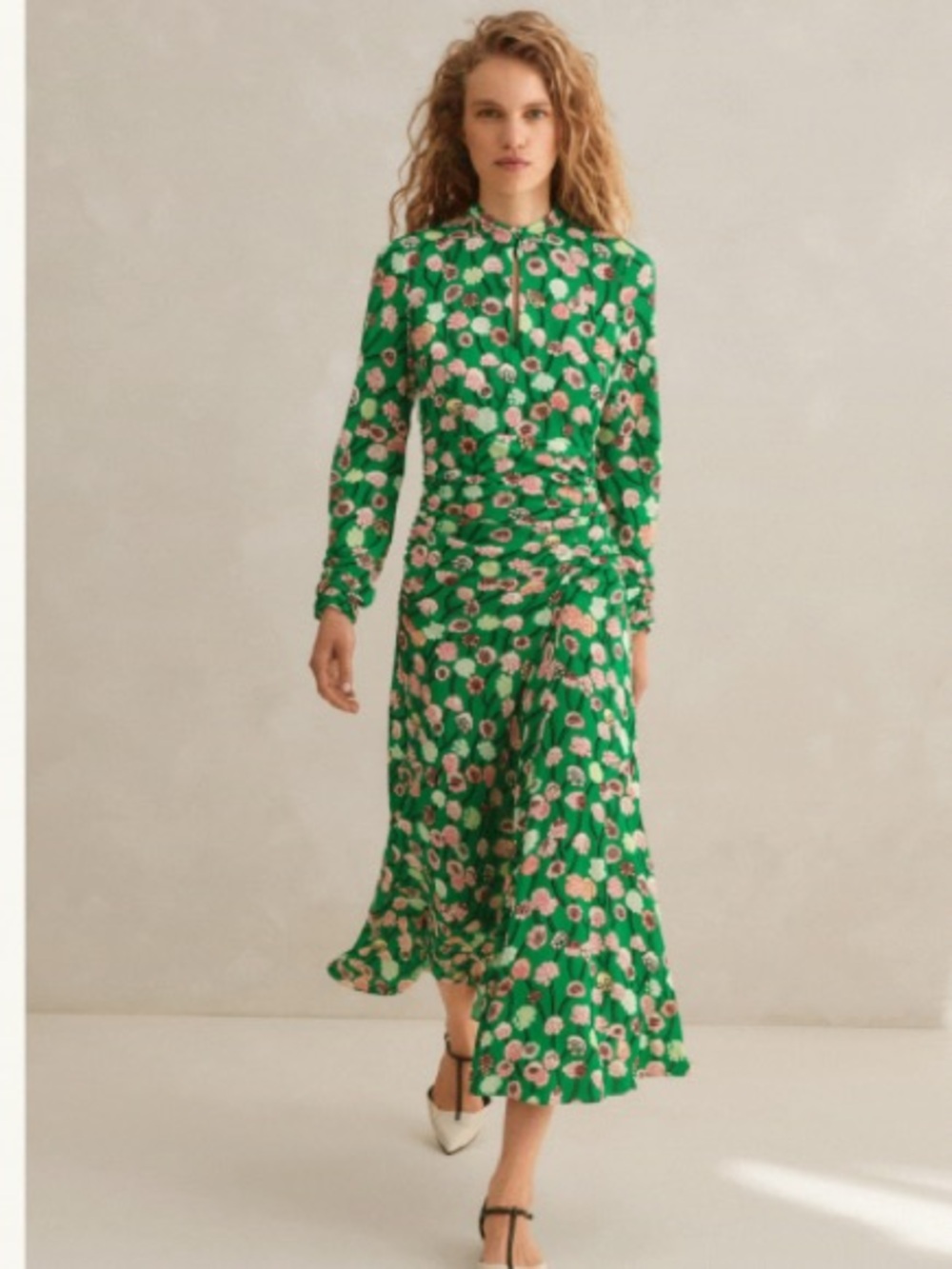 NWT ME+EM Dress Lantana Flower Print Midi Ruched in Green Pink Multi - Picture 2 of 10